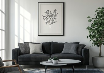 Abstract botanical drawing of a tree on a white canvas in a frame, above a dark blue sofa with a black blanket and a wooden coffee table, against a gray wall