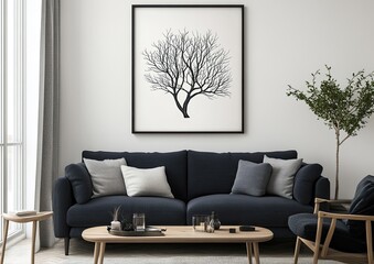 Abstract botanical drawing of a tree on a white canvas in a frame, above a dark blue sofa with a black blanket and a wooden coffee table, against a gray wall