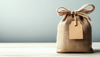 Hessian Bag with Tag on Wooden Table in Soft Light