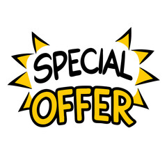 vibrant yellow banner with a jagged black outline announces "SPECIAL OFFER" for attracting attention to sales and promotions,e-commerce sites,social media,and blogs for deals