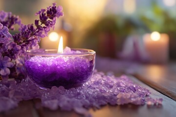 Relaxing lavender candle with crystals and flowers creating a calming atmosphere