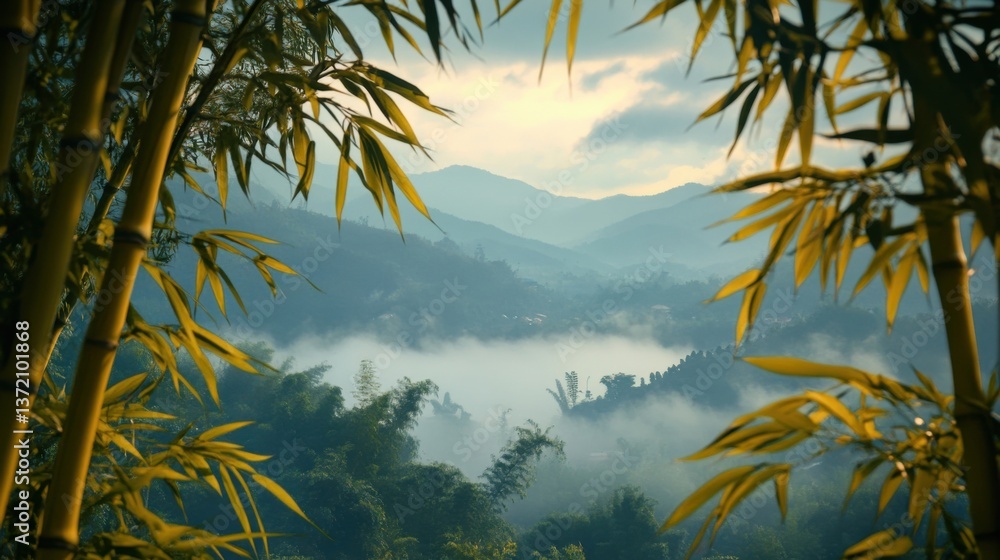 Poster a view of a mountain range through bamboo trees