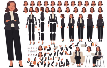 Business woman character constructor. Company employee or politician. Set of hands legs body and head positions for animation