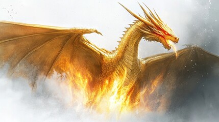 Golden dragon breathing fire, wings spread.