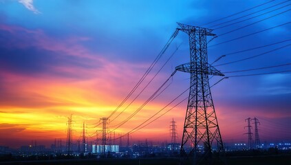 Fototapeta premium High Voltage Power Transmission Towers at Sunset over City