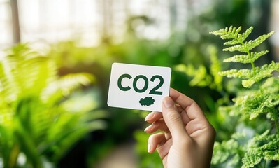 A hand holding up a sticker with the word "CO2" on it, an eco-concept for sustainable living, or environmental protection. 
