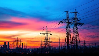 Silhouette of Power Lines Against Vibrant Sunset City Skyline