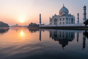 Majestic taj mahal at sunrise agra india photography serene reflection famous landmarks in soft pink sky