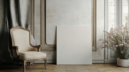 a chair and a blank white board in a room