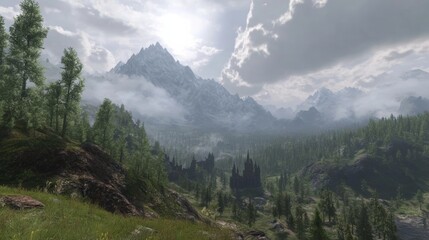 Fototapeta premium A fantasy landscape featuring medieval castles, lush forests, and towering mountain ranges under a dramatic, cloudy sky