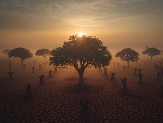 A serene sunrise illuminates a sparse landscape with many trees