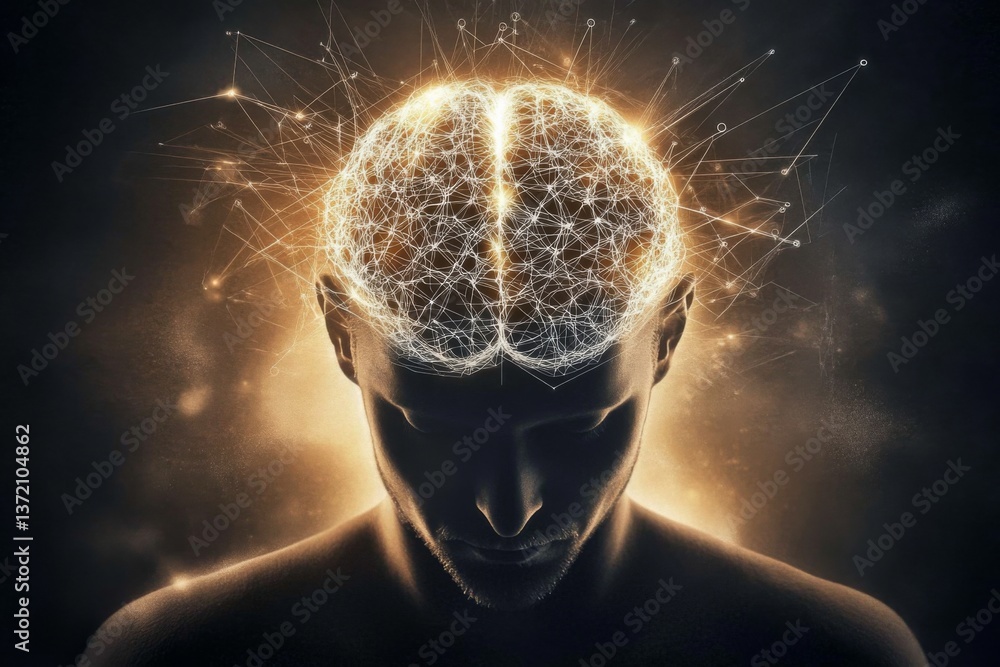 Poster silhouette of a man's brain: intricate network of glowing lines and dots on dark futuristic backgrou