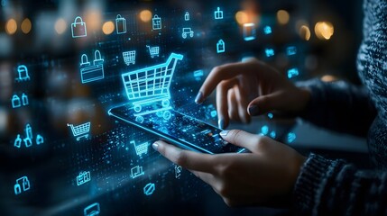 E-commerce shopping experience online retail mobile interaction digital environment close-up view modern technology