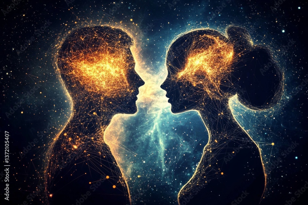 Aufkleber silhouettes of man and woman intersecting in cosmic connection with dark background pattern. deeply 