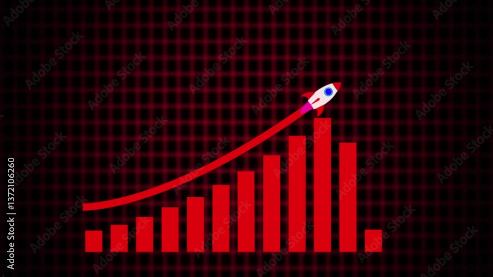 Poster arrow rising on graph with rocket sale symbols. abstract business growth and graph chart icon animat
