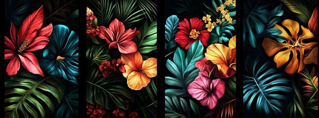 Fototapeta premium Tropical Plant and Flower Collage in Grid Pattern with Colorful Textures - Four Unique Illustrations in One Image