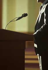 Serious politician speaking at press conference podium with microphone, intense expression during public speech, political leader addressing media, government official making statement