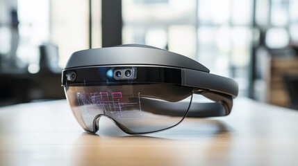 A futuristic AI powered augmented reality headset, overlaying real-time information onto a construction site for project managers, construction site setting