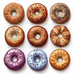 Illustration of donuts and bagels collection with colorful icing and toppings isolated on a white background. Suits for icons, backgrounds, presentations, social media posts & design projects.