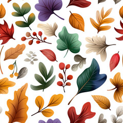 Fototapeta premium Vibrant seamless pattern featuring various colorful leaves shades of green, red, orange, and purple creating lively atmosphere