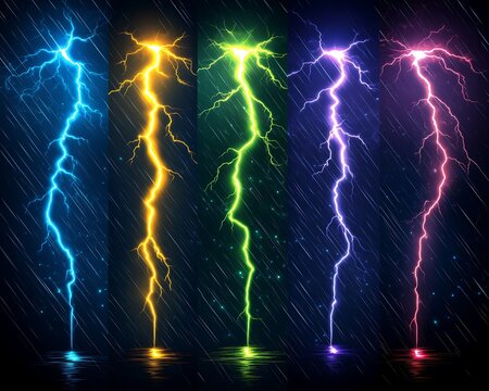 Five colorful lightning strikes illuminating a rainy nighttime atmospheric scene