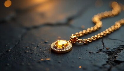 Luxurious gold necklace on textured stone background with shimmering reflections, luxury, gemstone