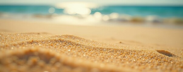 Macro shot of golden sandy beach with shallow depth of field, grains, coast, relaxation