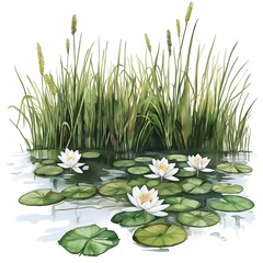 Watercolor pond with tall grass and lotus leaves clipart, white background, realistic watercolor style, vector illustration.