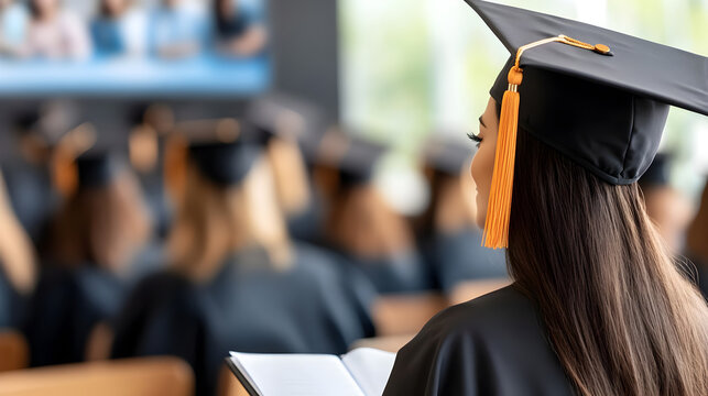 Female graduate in cap with yellow tassel holding speech paper, attending formal ceremony. Great for university branding and educational storytelling. Selective focus