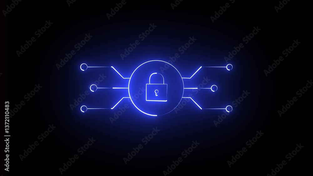 Poster data lock icon neon glowing security privacy password. glowing cyber security icon animated. technol