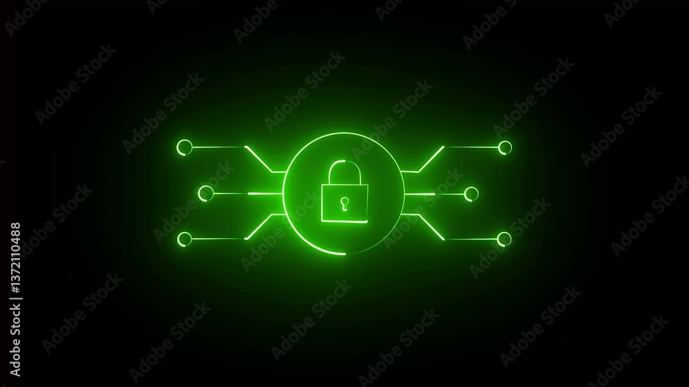 Poster data lock icon neon glowing security privacy password. glowing cyber security icon animated. technol