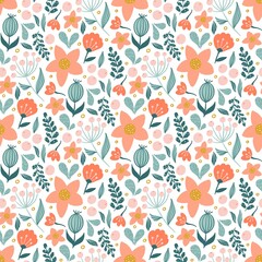 Beautiful seamless floral pattern with summer flowers on white background