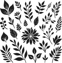 Fototapeta premium Collection of leaves, Elegant black Minimalist drawing of flowers with leaves, flower silhouette vector illustration