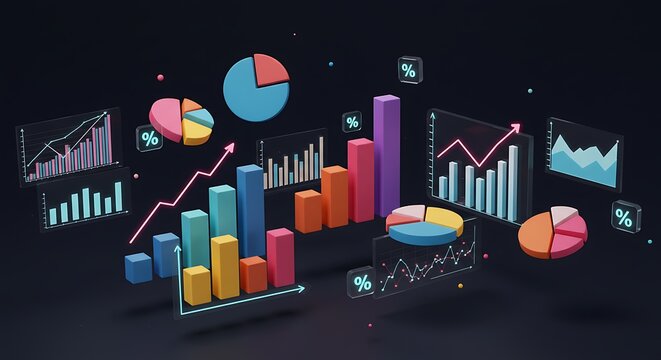 3D Statistical Data Visualization in Futuristic Neon Colors Mathematics and Statistics Awareness Month