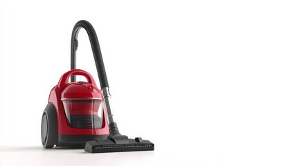 A high-powered vacuum cleaner standing upright with attachments, isolated on a white background,