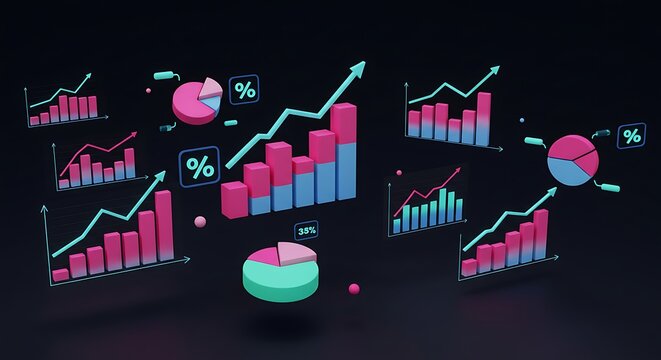 3D Statistical Data Visualization in Futuristic Neon Colors Mathematics and Statistics Awareness Month