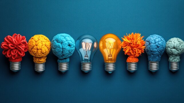 Colorful lightbulbs with textures on blue background, one lit, showing diverse ideas