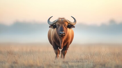 Majestic water buffalo in sunrise meadow