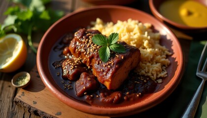 AI Generated Mole Negro Oaxaque&ntilde;o with Tender Turkey in Rich Dark Sauce and Sesame Seeds Served with Rice  
