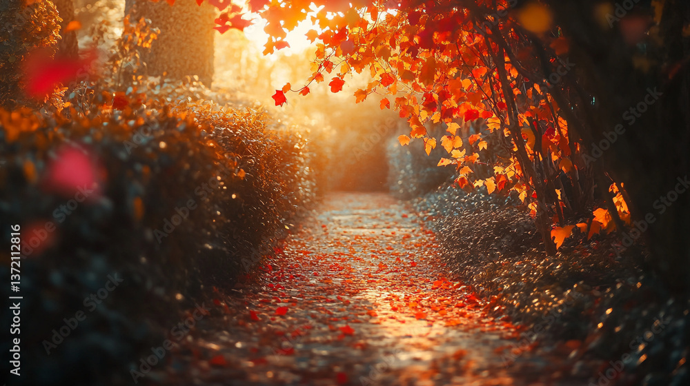 Poster a pathway covered in fallen leaves with trees and sunlight shining through the branches in the autum