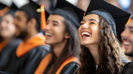 Obraz premium Female graduate laughing with classmates in cap and gown, celebrating achievement and joy of graduation. Great for school ads and education-themed visuals. Selective focus