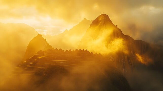 A magical sunrise at Machu Picchu, Peru, with golden light illuminating the ancient Incan ruins nestled in the Andes Mountains