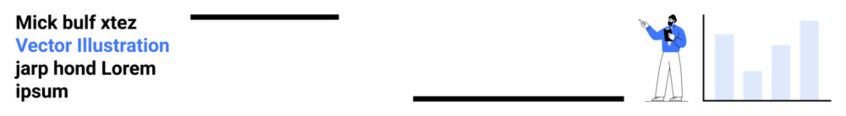 Businessman in blue presenting data near bar chart. Ideal for business strategy, analytics, presentations, corporate training, marketing, consulting, education, simple landing page