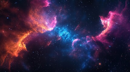 Vibrant nebula with red, pink, and blue hues in space.