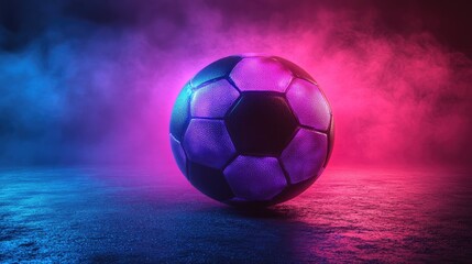 Fototapeta premium Abstract 3D Rendered Logo of a Glowing Soccer Ball with Blue and Purple Gradients on Dark Background, Symbolizing Dynamic Sports Energy and Modern Design 