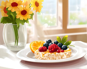 healthy breakfast with muesli and fruits and berries. Vector illustration 