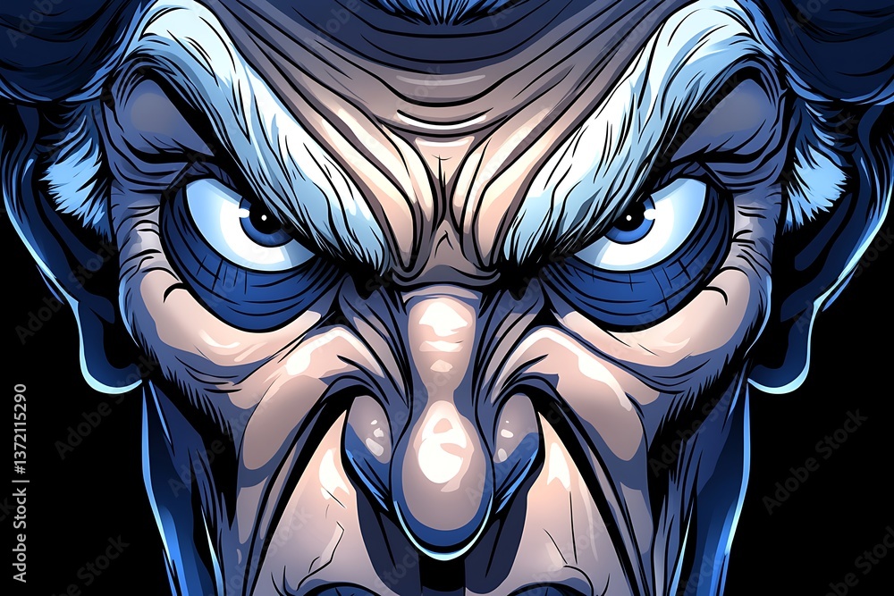 Poster a close up drawing of a menacing face with sharp features