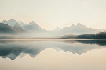 Obraz premium Chinese aesthetics, landscape painting, distant view, delicate tones, mountains and waters reflecting each other, telephoto lens, soft light, tranquility, peacefulness