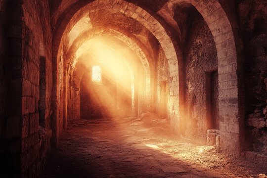 Light beams streaming through ancient stone arches in a dimly lit corridor