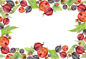 Currant gooseberry, leaves in water dew drops hand drawn in watercolor, scattered ripe garden casseille berry. Isolated border frame. Home preserves, textile, food store decor, vegan recipe cards